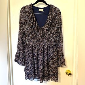 Urban Outfitters navy blue floral dress with sheer sleeves and skirt. Size small